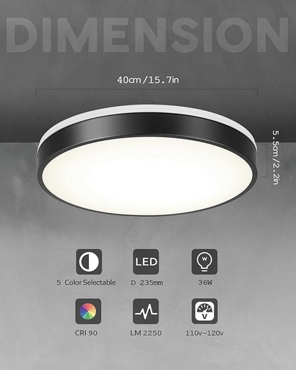 Ken & Ricky Flush Mount Ceiling Light, Dimmable Led Close to Ceiling Light Fixtures for Kitchen Bathroom Bedroom Hallway 5cct (Black, 16 Inch)