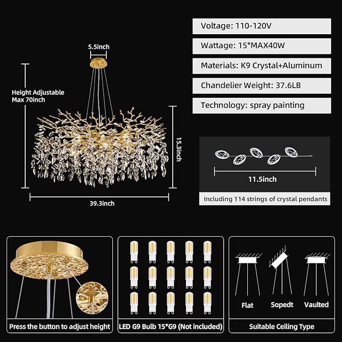 Modern Tree Branch Crystal Chandelier 40" Gold Luxury Large Pendant Lighting 15-Light Contemporary K9 Crystal Chandeliers for Dining Room Kitchen Living Room Foyer Entryway (Gold, D40-Round)