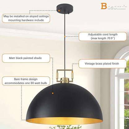19.7" Vintage Pendant Light Industrial Pendant Light Dome Black and Gold Large Chandelier Light for Kitchen Island, Dining Room, Bedroom,Farmhouse Pendant Lighting