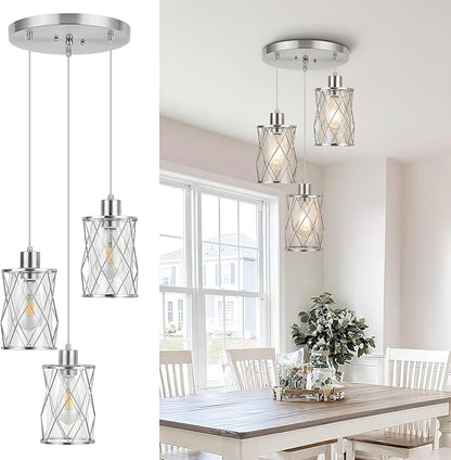 Refice 3-Light Pendant Lights Kitchen Island, Brushed Nickel Kitchen Cluster Hanging Pendant Lights with Clear Glass, Modern Cage Chandelier Light Fixture for Sink Dining Room Bedroom Bar