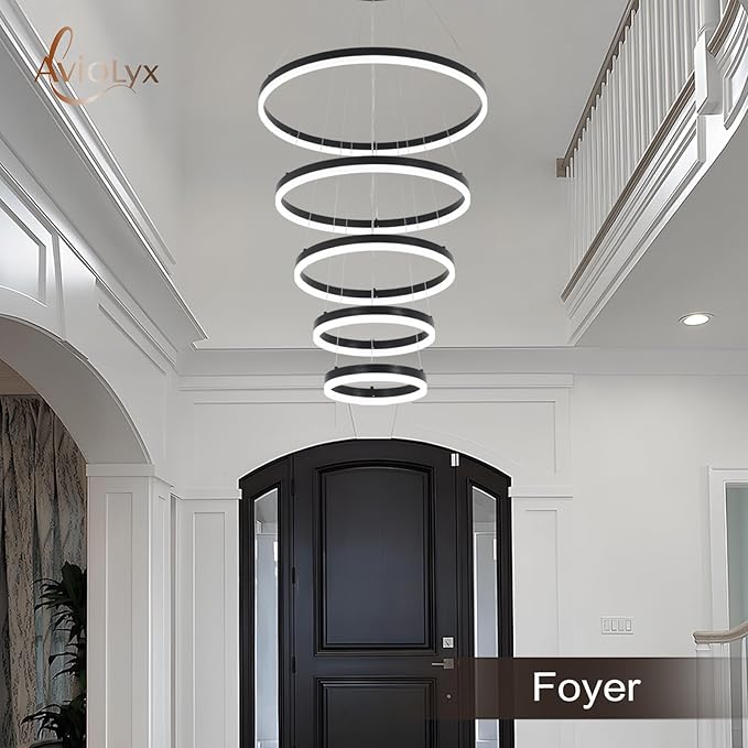 5 Rings Modern LED Chandelier for Foyer, Black High Ceiling Chandeliers Dimmable Pendant Lighting with Remote Control for Dining Room Living Room Staircase(3000K-6500K D23.6)