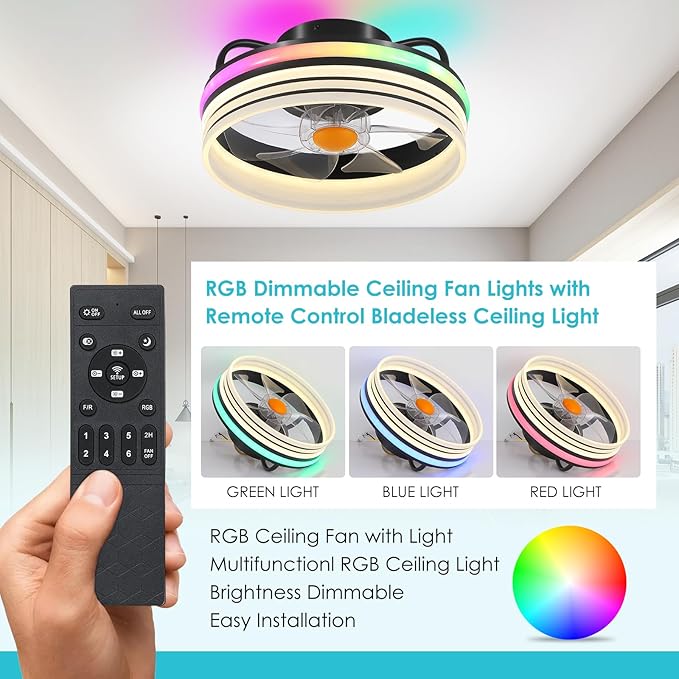 Mpayel Flush Mount Ceiling Fan with Light - Small Low Profile Ceiling Fan,13" RGB Dimmable LED Bladeless Ceiling Fans, Modern Enclosed LED-RGB Ambient Light for Bedroom, Kids Room, Party
