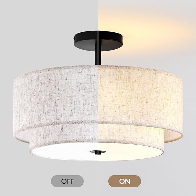 CALOKES 16" Double Drum 3-Light Semi Flush Mount Ceiling Light, Classic Fabric Linen Shade Design for Living Room, Bedroom, Kitchen, Dining Room, Hallway and Entryway