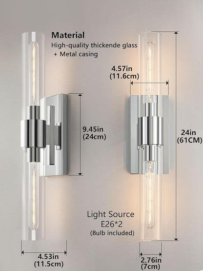 Chrome Tube Wall Sconces with Clear Glass, 24'' Modern Bathroom Vanity Light Fixtures for Bathroom Living Room Bedroom Hallway Fireplace Staircase(Bulb Included).