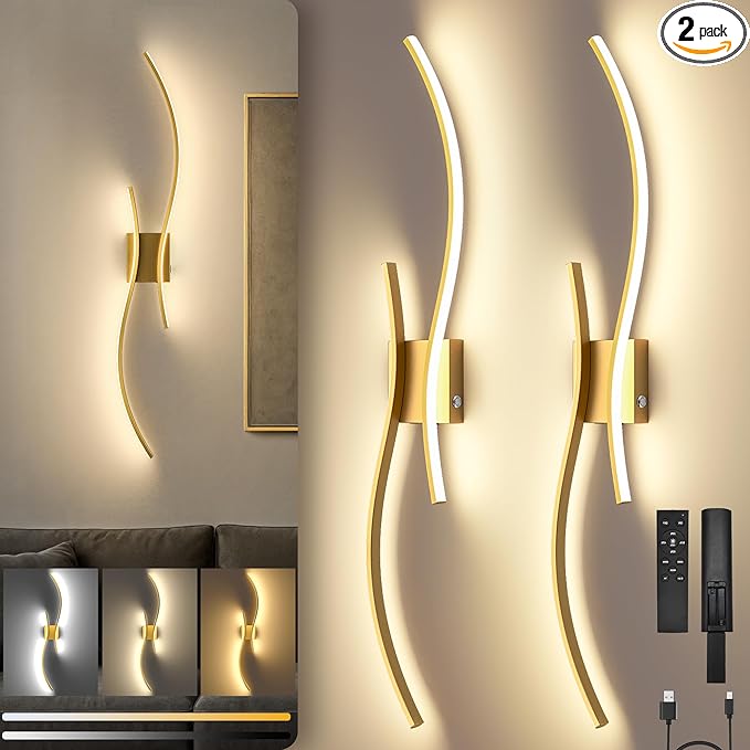 Battery Operated Wall Sconces Set of Two, 10000mAh Rechargeable Modern Wall Lights with Remote Control, Dimmable Gold LED Cordless Lighting for Living Room, Bedroom, Hallway, 39.4 Inch, 3CCT
