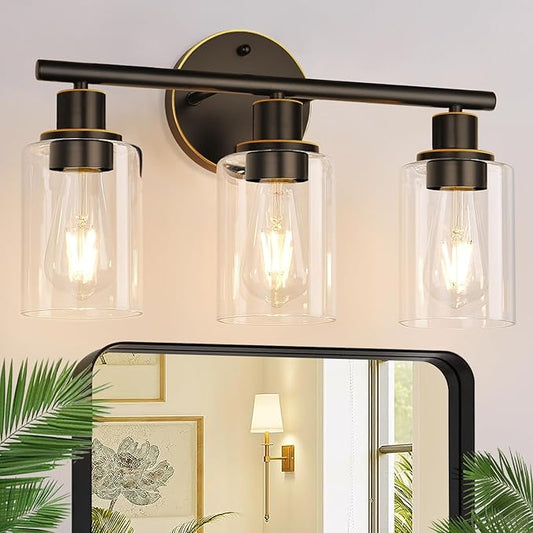 Zarbitta 3-Light Bathroom Light Fixtures, Brown and Gold Bathroom Wall Lights, Modern Vanity Light with Clear Glass Shade, Bathroom Wall Lamp for Mirror Hallway Cabinet