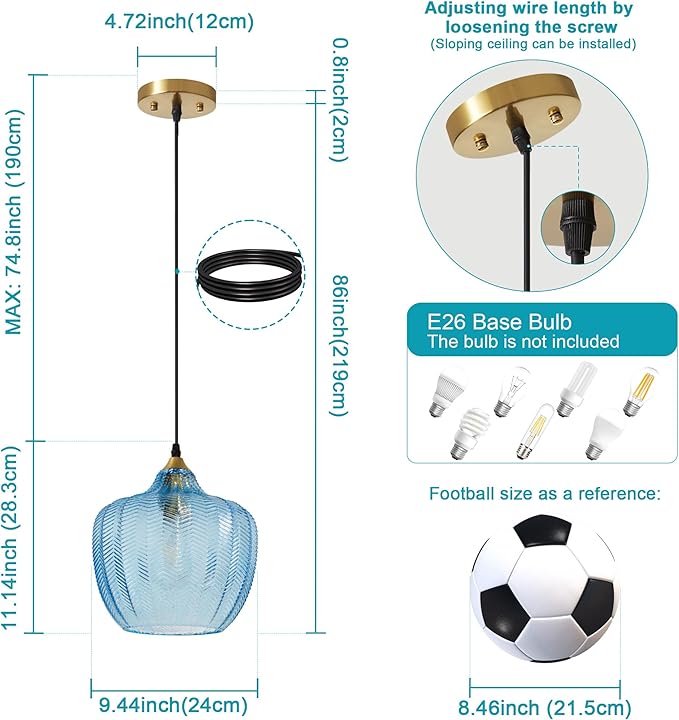 Modern Gold Pendant Light, Blue Glass Farmhouse Kitchen Island Pendant Light Fixture Adjustable Vintage Hanging Ceiling Light for Dining Room Corridor 9.45 inch 1 Pack, UL Certification