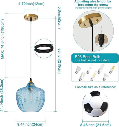Modern Gold Pendant Light, Blue Glass Farmhouse Kitchen Island Pendant Light Fixture Adjustable Vintage Hanging Ceiling Light for Dining Room Corridor 9.45 inch 1 Pack, UL Certification