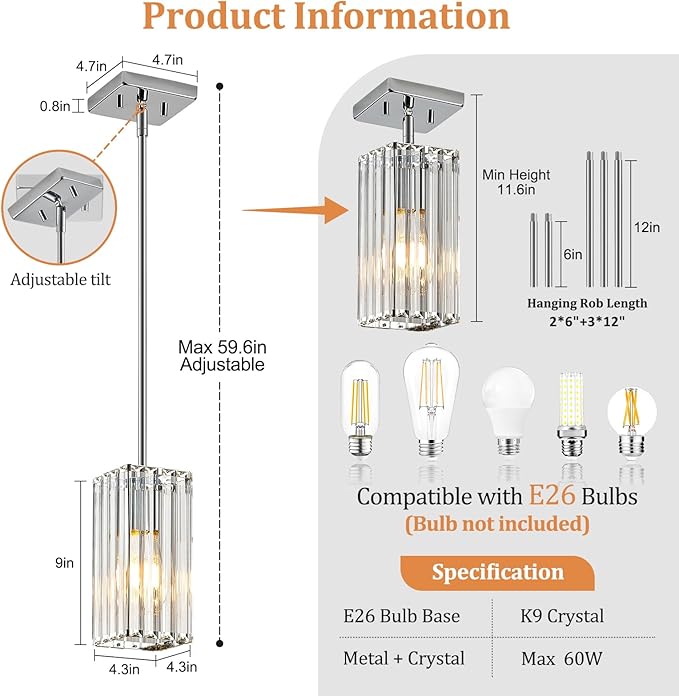 Modern Crystal Pendant Lights Kitchen Island, 2-Pack Chrome Hanging Light with Clear Crystal Shade, Adjustable Height Pendant Lighting for Kitchen Island Dining Room Bedroom Bar Entryway