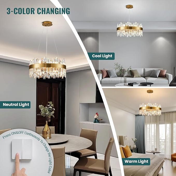 Siljoy Modern Gold Round Crystal Chandelier, 12-Light Luxury 2-Tiers K9 Crystal Raindrop Chandelier, Dimmable Crystal Ceiling Light for Dining Room Living Room Bedroom Foyer D19.7''