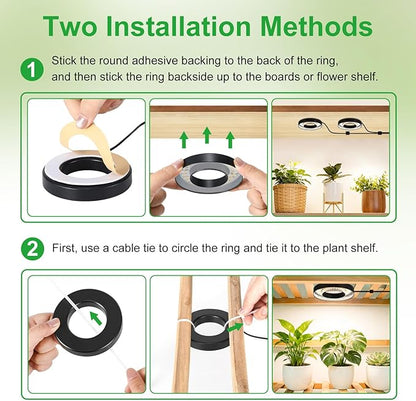 Full Spectrum Grow Light for Indoor Plants, Warm White 2 Head Black Angel Ring Ceiling and Under Cabinet Plant Lamp with 6/12/16H Timer, 10 Dimmable Levels and 3 Modes