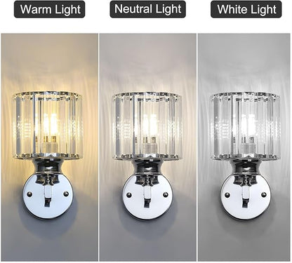 Hardwired Crystal Wall Sconces, Modern E27 Wall Lights, Silver Round Finish Wall Lamp for Living Room Bedroom Dining Room Hallway Entryway (Silver Round)