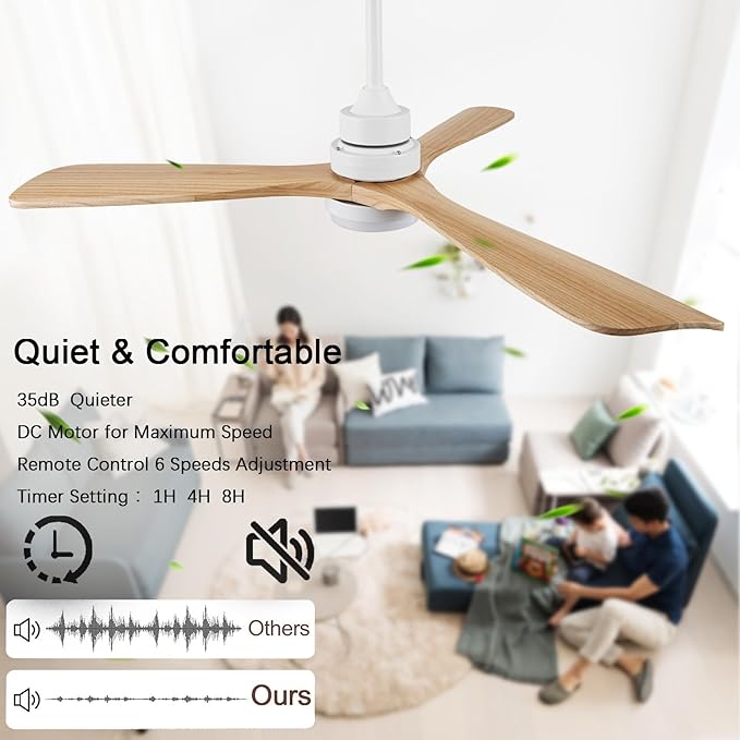 48" Wooden Ceiling Fans with Lighted Remote Control, Indoor Outdoor Wooden Ceiling Fan, Outdoor Modern Ceiling Fan with 3 Fan Blades for Patio, Living Room, Farmhouse, etc (White + Wood Color)…