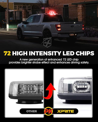 Xprite Upgraded 12" 72LED Rooftop Mini Strobe Lights, Emergency Safety Flashing Beacon Light bar with Magnetic Base for 12V-24V Construction Vehicles, Trucks, Snow Plow, Postal Car (Mix White/Red)
