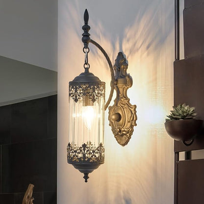 Vintage Wall Sconce with Glass Shade, Rustic Black Farmhouse Wall Light Fixture, Antique Gothic Decorative Metal Wall Lamp for Hallway, Bedroom, Living Room, Entryway, Mirror