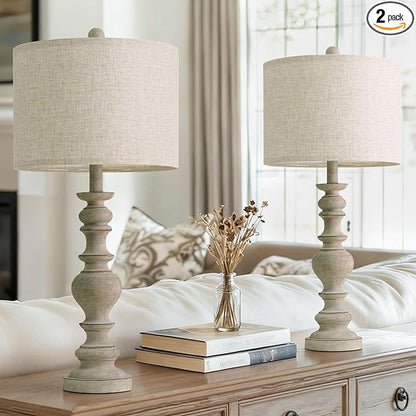 BOBOMOMO 27" Antique Gray Table Lamps Set of 2, Large Farmhouse Resin Lamps with Linen Shades, Vintage Gray Lamps for Living Room, Bedroom, or Console Table Rustic Traditional Décor