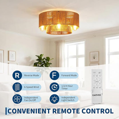 GarveeHome 【Flicker-Free • Hand-Woven Rattan】 20'' Boho Rattan Ceiling Fan with Light and Remote - Flush Mount Caged Ceiling Fan with 6 Speeds for Bedroom, Living Room