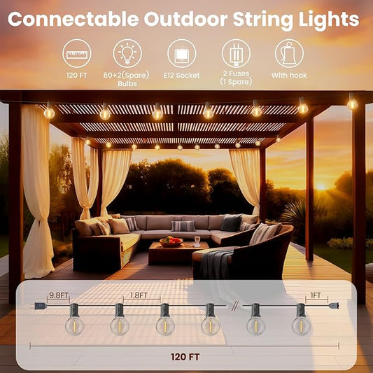 RTTY Outdoor String Lights 120 FT, LED Patio Globe Lights with 62pcs G40 Bulbs,Shatterproof Waterproof Connectable Hanging for Porch Cafe Bistro Backyard Gazebo Balcony Deck Party