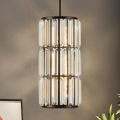 Black Crystal Pendant Light for Kitchen Island, Modern Mini Chandelier Hanging Light Fixture with K9 Crystals, Adjustable Luxury Pendant Lighting for Dining Room, Bedroom, Hallway, Bar