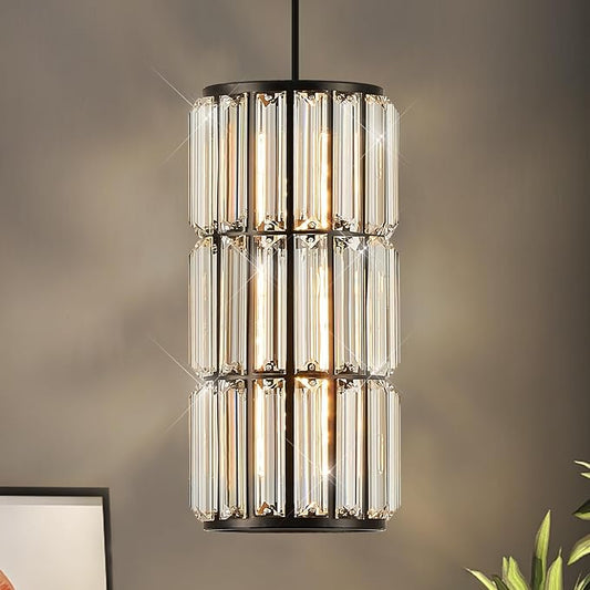 Black Crystal Pendant Light for Kitchen Island, Modern Mini Chandelier Hanging Light Fixture with K9 Crystals, Adjustable Luxury Pendant Lighting for Dining Room, Bedroom, Hallway, Bar