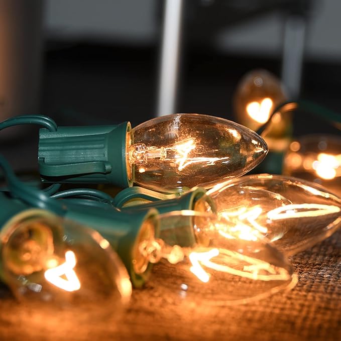 SUNSGNE C9 Clear Christmas Lights 25Ft Outdoor Christmas String Lights with 26 Clear Light Bulbs for Outdoor Patio, Cafe, Party Decor- Green Wire