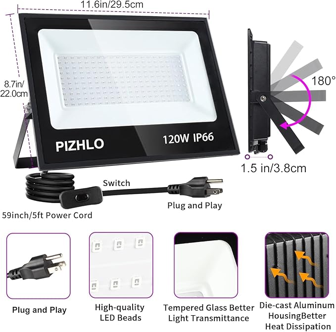2 Pack 120W LED Black Light, Blacklight Flood Light with Plug & Switch, IP66 Waterproof Outdoor Black Light Spotlight for Dance Party Fluorescent Poster Body Paint Neon Glow in The Dark Stage Lighting