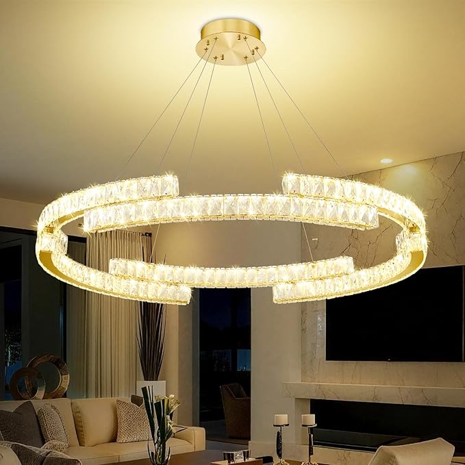 D47.5'' Gold Modern Crystal Ring Chandeliers for Living Room Dinning Room Crystal Pendant Light Dimmable 3000k-6000k