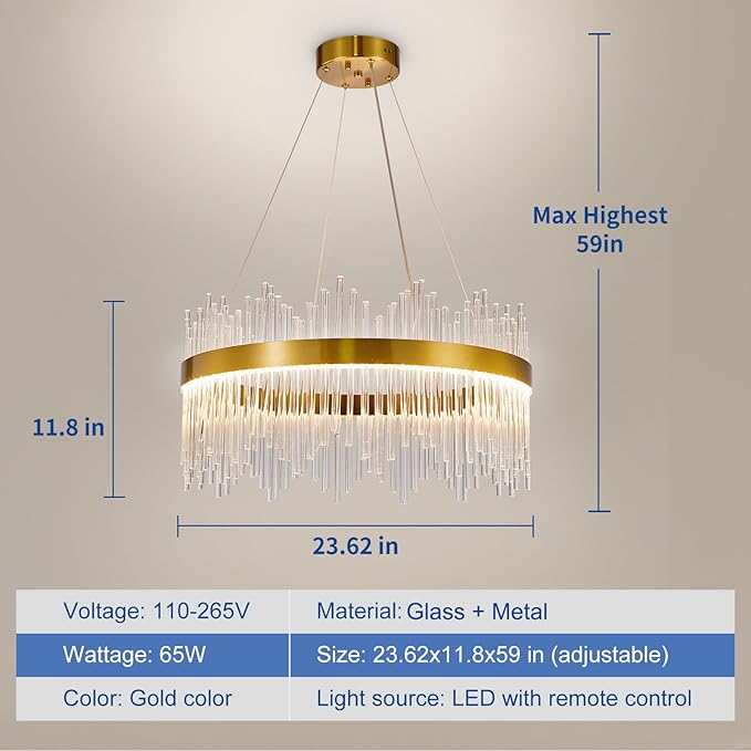 Depuley 23.6" Modern Crystal Chandeliers: Dimmable LED Gold Chandeliers Light Fixture with Remote Control - 3 Colors Contemporary Pendant Ceiling Light for Dining Living Room Kitchen Island Foyer