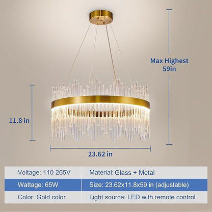 Depuley 23.6" Modern Crystal Chandeliers: Dimmable LED Gold Chandeliers Light Fixture with Remote Control - 3 Colors Contemporary Pendant Ceiling Light for Dining Living Room Kitchen Island Foyer