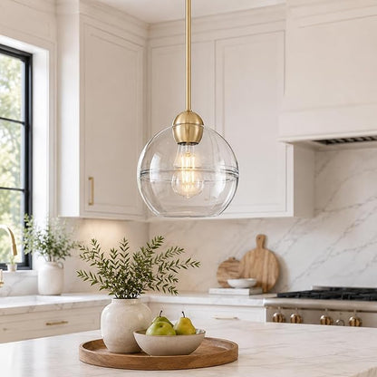 Emak 8 Inch Globe Pendant Lights Kitchen Island, Brushed Gold Pendant Light Fixtures with Clear Glass Shade, Modern Island Lights for Kitchen, Dining Room, Bathroom, PL121-BGD-AG