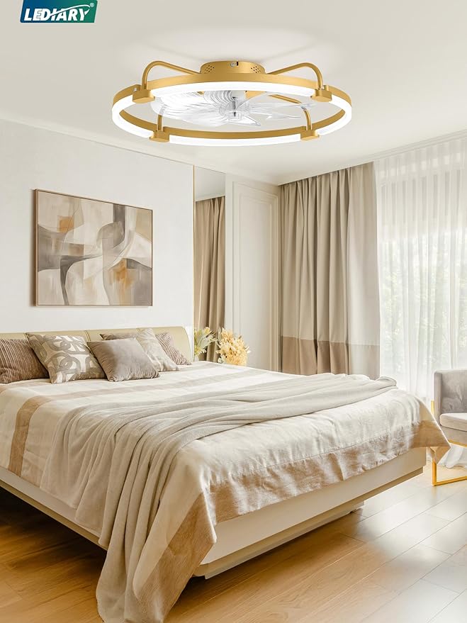 LEDIARY Ceiling Fans with Lights and Remote, 24'' Low Profile Ceiling Fan with Light, 3000-6000K Dimmable Fandelier LED Fan Light, 6 Wind Speeds, Gold Modern Flush Mount Ceiling Fan for Bedroom