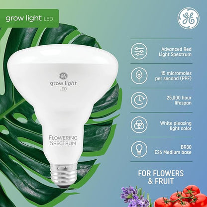 GE Grow Lights for Indoor Plants, BR30 Indoor Floodlight, LED Light Bulbs for Flowers and Fruit, Advanced Red Light Spectrum, 25,000 Hours Lifespan, 15 PPF, 4 Pack (Packaging May Vary)