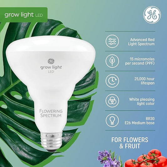 GE Grow Lights for Indoor Plants, BR30 Indoor Floodlight, LED Light Bulbs for Flowers and Fruit, Advanced Red Light Spectrum, 25,000 Hours Lifespan, 15 PPF, 4 Pack (Packaging May Vary)