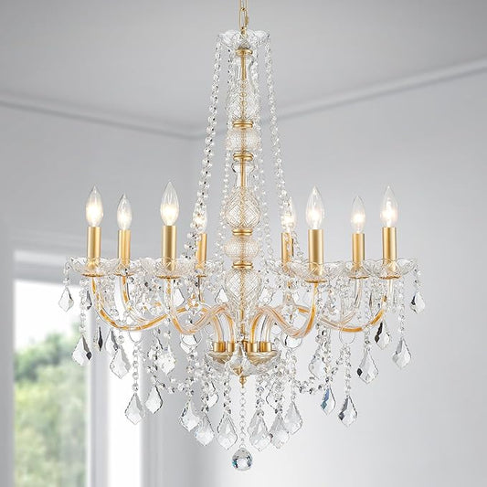 WUZUPS 8-Light Crystal Candle Chandelier Pendant Ceiling Light Modern Lighting Fixture for Bedroom Hallway Bar Kitchen Bathroom, H 35.4" W 27.6", E12 Base, Gold
