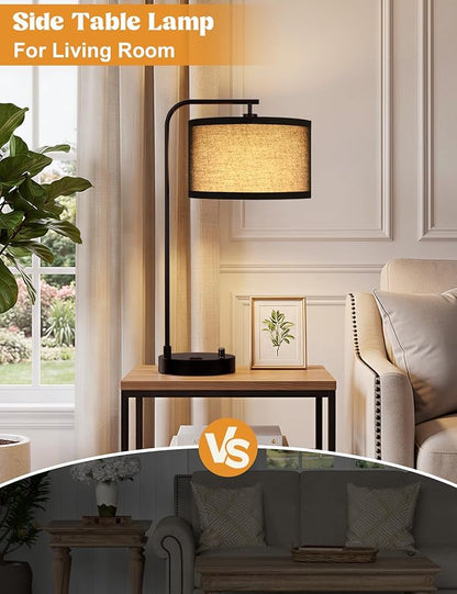 Innqoo Black Table Lamp for Bedroom with USB Port and Outlet, Dimmable Nightstand Bedside Lamps with Linen Lampshade, Desk Lamp for Home Office, Living Room, Guest Room, LED Bulb Included