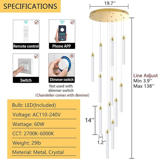 12-Lights Chandelier LED Dimmable Chandeliers for Entryway Flush Mount Ceiling Pendant Light Fixture Crystal Chandeliers for Living Room Gold Finished Lighting Modern High Ceiling Chandelier