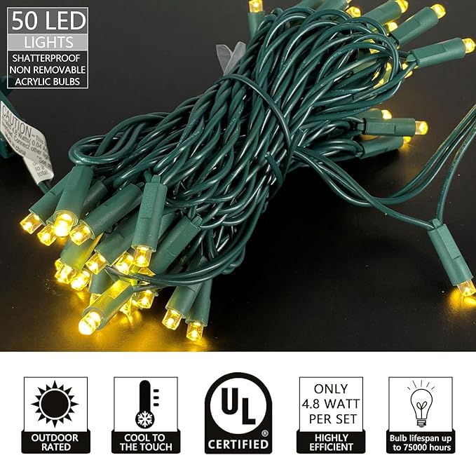 UL Listed 50 Count 5MM Wide Angle Led Christmas Lights Set,Outdoor Mini Led String Lights for Garden Patio Trees Lighting Decorations,17 Feet Green Wire (Yellow Color)
