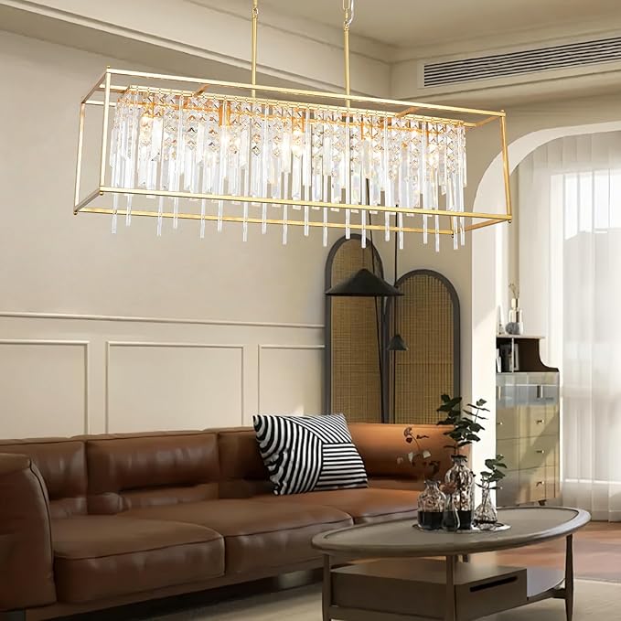 Modern Crystal Chandelier, Gold Rectangular Crystal Chandelier for Dining Room, 40" Top K9 Luxury Rectangle Farmhouse Light Fixture for Living Room, Kitchen Island L40xW12xH11