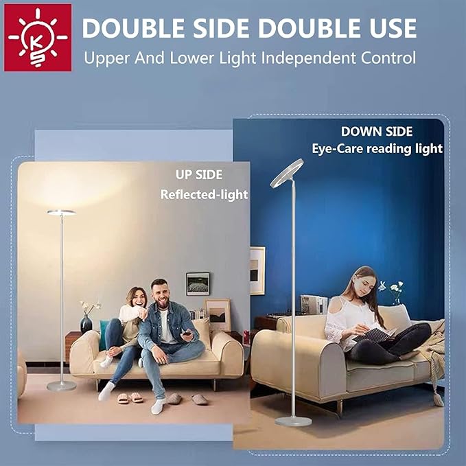 Keepsmile Silver Double Side Lighting LED Floor Lamp with Remote Smart App 36W 2600LM Bright Tall Standing RGB Floor Lamp Angle Multicolor Dimmable Modern Floor Lamps for Living Room Bedroom