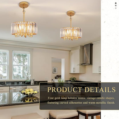 Gold Crystal Chandelier, 4-Light Candle Style Crystal Drum Chandelier, Modern Semi Flush Mount Ceiling Chandelier Light Fixtures for Dinning Room Living Room Kitchen Bedroom Hallway Entryway,11.6 Inch