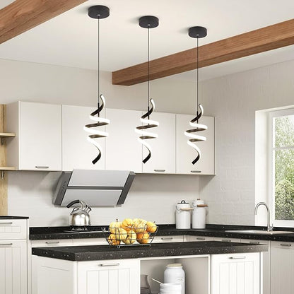 4000K Modern Pendant Light, 15IN Spiral LED Pendant Lights Adjustable Height Black Kitchen Island Fixtures Chandeliers for Dining Room Hanging Lights, 1 Pack (Black,4000K, Hardwired,2PACKS)