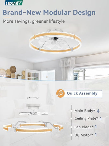 LEDIARY Ceiling Fans with Lights and Remote, 24'' Low Profile Ceiling Fan with Light, 3000-6000K Dimmable Fandelier Ceiling Fans, Modern Flush Mount Fan for Bedroom with 6 Wind Speeds- Wood Grain
