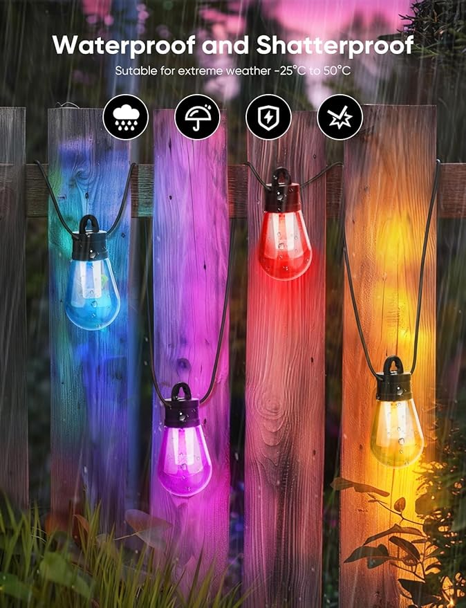 APPECK Outdoor String Lights, 200ft Smart RGBW Patio Lights for Outside with 60 LED Bulbs, Extenable, 111 Scene Modes, IP65 Waterproof Lighting for Backyard, Dimmable Warm White, Compatible with Alexa