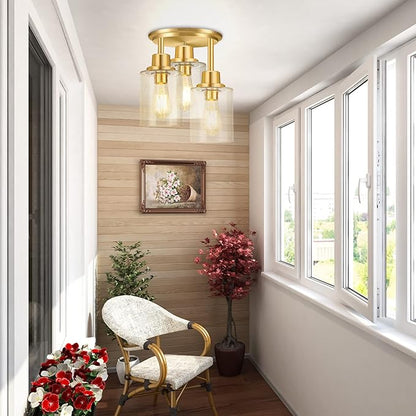 Semi Flush Mount Ceiling Light, 3-Light Close to Ceiling Light Fixtures, Brass Gold Finish Kitchen Light Fixtures with Clear Seeded Glass Shade Patriot Lighting for Entryway Porch Hallway Foyer