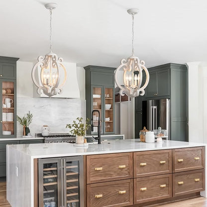 Farmhouse Chandelier for Dining Room, French Country Chandelier Distressed White, 4-Light Rustic Wooden Chandelier, Cottage Antique Wood Hanging Light Fixture for Entryway Foyer Living Room Kitchen