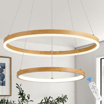 2 Ring LED Chandelier for Dining Room, Wood Grain Circular Pendant Light Fixture Modern Boho Round Hanging Light Coastal Chandelier for Entryway Bedroom Office, 20 Inches Dimmable 3000-6500K