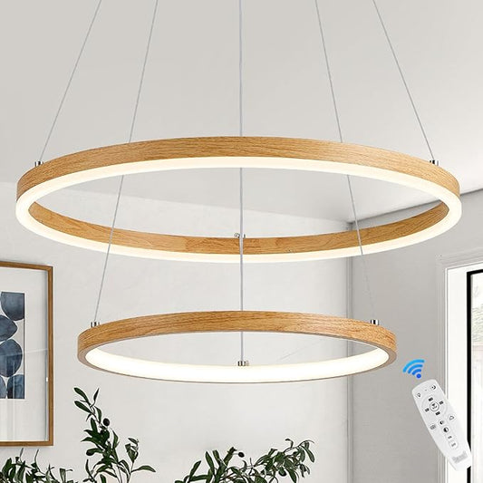 2 Ring LED Chandelier for Dining Room, Wood Grain Circular Pendant Light Fixture Modern Boho Round Hanging Light Coastal Chandelier for Entryway Bedroom Office, 20 Inches Dimmable 3000-6500K