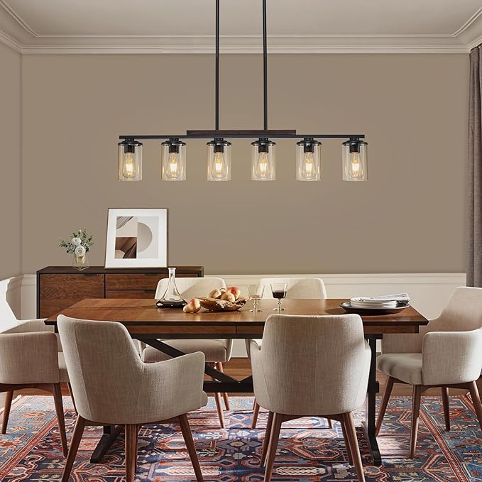 2026 Upgrade 40.15'' Large Dining Room Chandelier Over Table, 6-Light Wood Island Lights for Kitchen Island Lighting, Farmhouse Dining Room Light Fixture Black Farmhouse Chandeliers for Dining Room