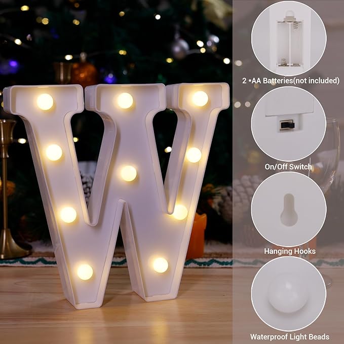 LED Marquee Sign Light Up Letters, Alphabet Light Up Letters Sign, Battery Powered LED Letter Lights for Night Light, Wedding, Birthday, Party, Christmas or Home Decor (Letter W)