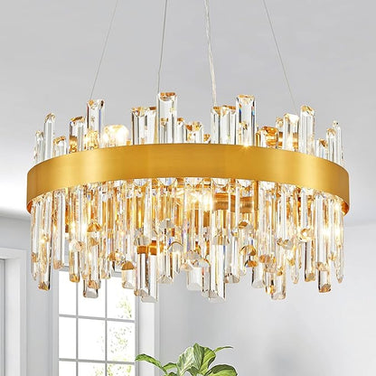 Saint Mossi 20" Dimmable Modern LED Crystal Chandelier, Luxury Round Lingting Fixture with Crystal Strips, Gold Metal Frame, 8-Light E12 Fixture for Dining Room, Living Room (D20 x H20)